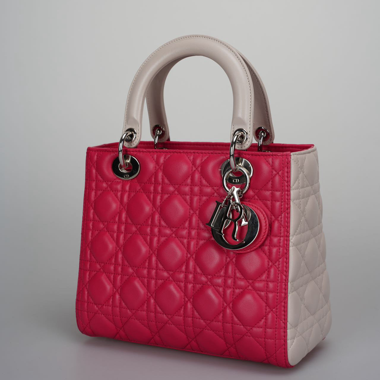 Christian Dior Lady Dior Bag Cannage Medium Hand Bag Lamb Skin Red White