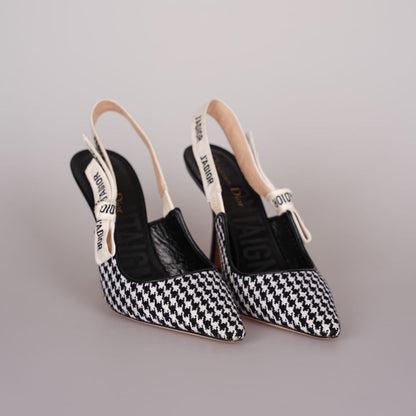 Christian Dior Wool Ribbon Houndstooth J'Adior Slingback 8cm Pumps 38D Black White