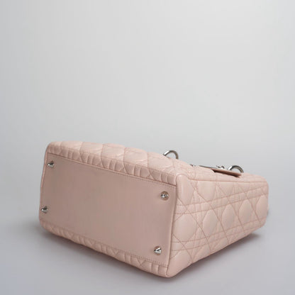 Christian Dior Pink Medium Lady Dior Bag in Cannage Lambskin Leather with Silver Hardware