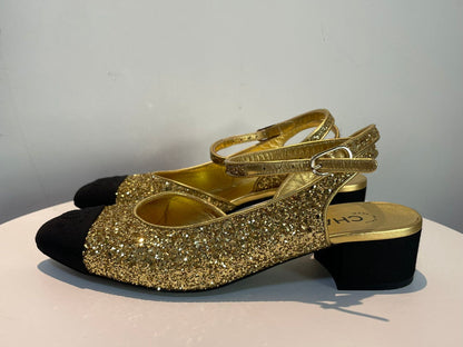 Chanel GoldBlack Coarse Glitter and Fabric CC Cap Toe Slingback Pumps Size EU37.5