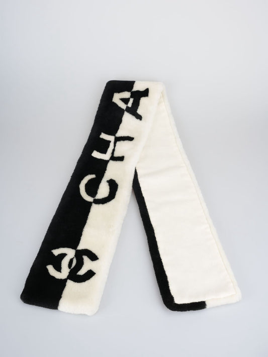 Chanel Shearling Cashmere CC Scarf in Black and White