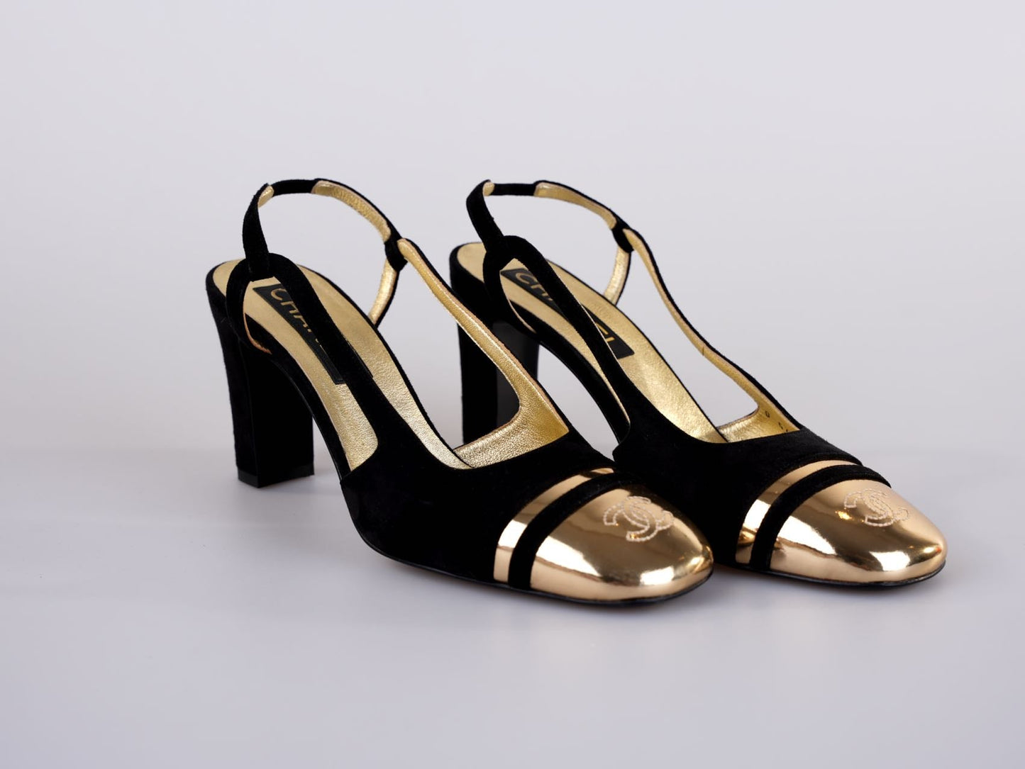 Chanel CC Slingback Heels Black Gold Size 38C