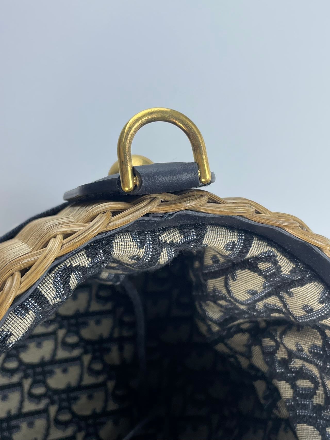 Dior Dioriviera Bucket Bag in Wicker and Blue Canvas With Gold Hardware