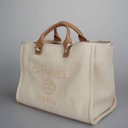 Chanel Deauville Pearl Tote Beige white medium