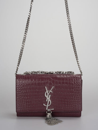 Saint Laurent Small Classic Monogram Kate Tassel Satchel Calfskin Crocodile Embossed Burgundy