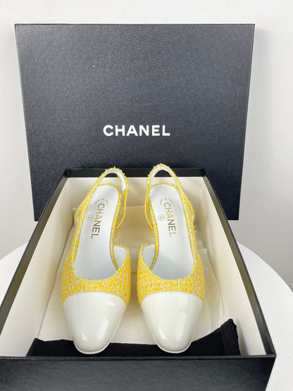 Chanel light yellow tweed slingback pumps with CC logo 37