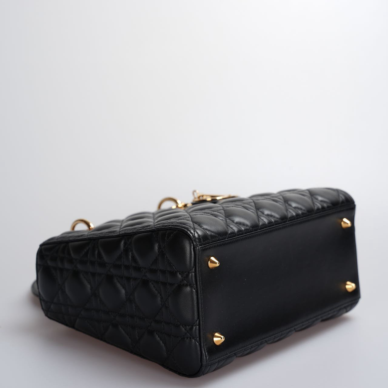 Christian Dior Black Medium Lady Dior Bag in Cannage Lambskin Leather with Gold Hardware