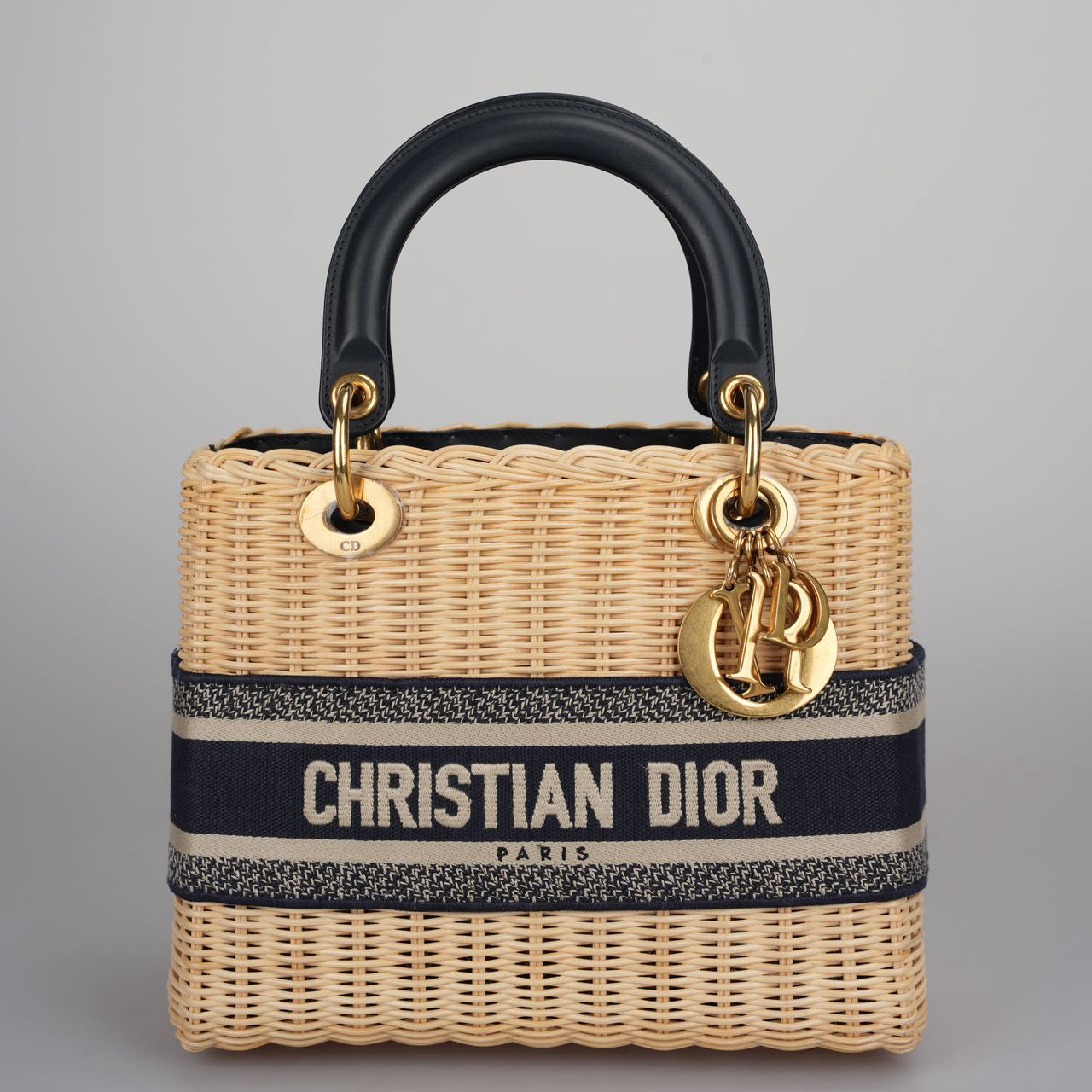 Christian Dior Natural Wicker/Blue Oblique Canvas Medium Lady Dior Bag