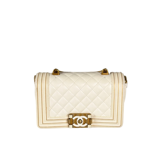 Chanel White Lambskin Boy Bag with Gold Hardware