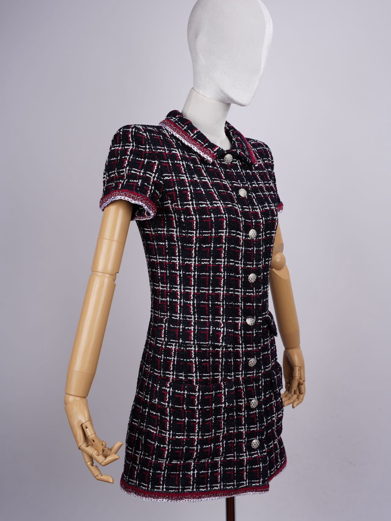 Chanel Checkered Tweed Short Sleeve Mini Dress Size 36 in Blue/Red