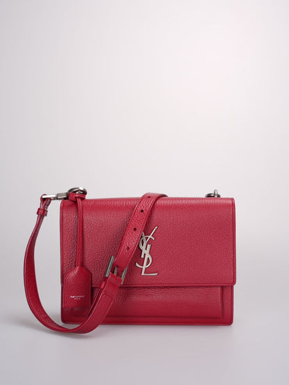 Saint Laurent Grained Calfskin Medium Monogram Sunset Bag in  Satchel Red