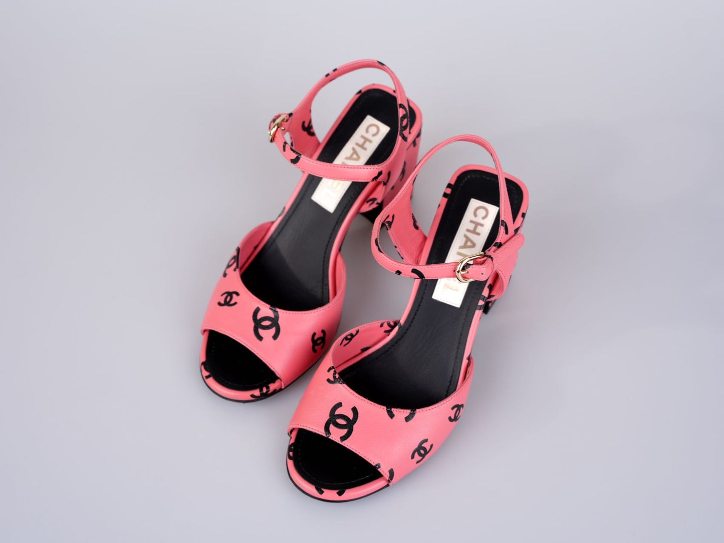 Chanel Printed Lambskin Coco Beach Sandals Pink Black Size 38.5