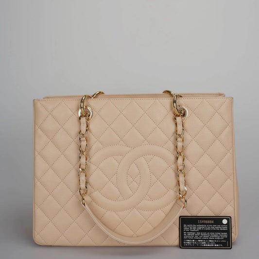 Chanel Beige Grand Shopping Tote GST Bag in Caviar Leather with gold Hardware