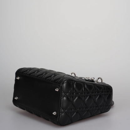 Christian Dior Black Medium Lady Dior Bag in Cannage Lambskin Leather with Silver Hardware