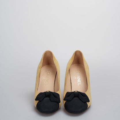 Chanel Beige Black Leather Ribbon Pumps 8cm Size 36.5C