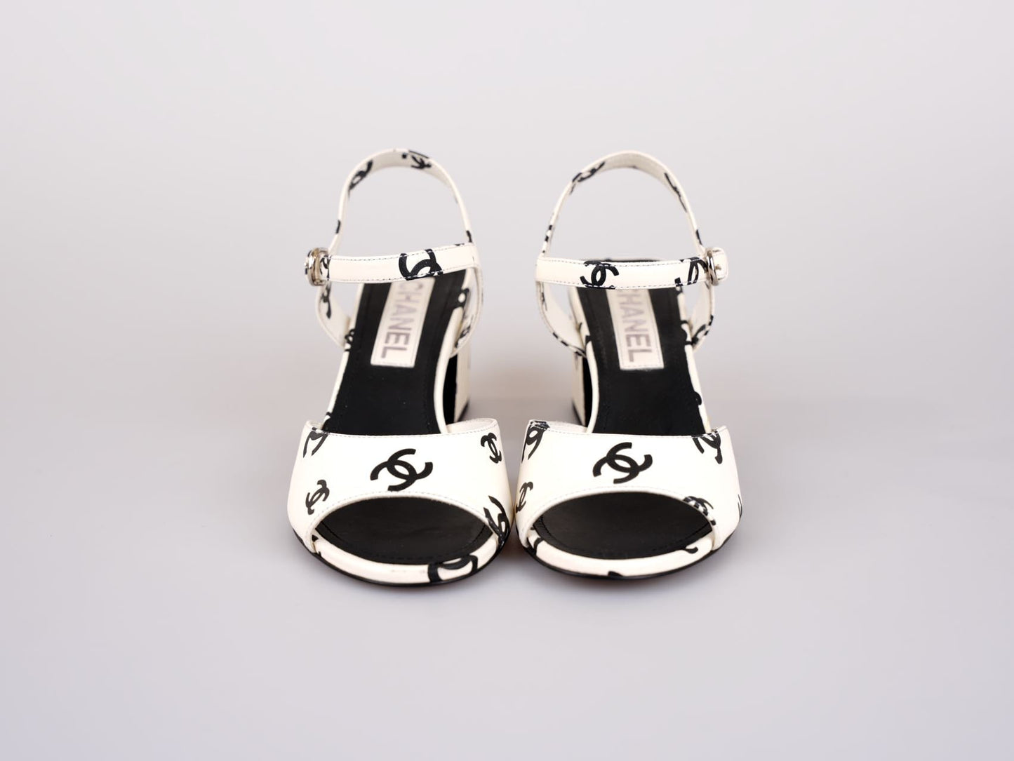 Chanel Printed Lambskin CC Platform Sandals White Black Size 37C