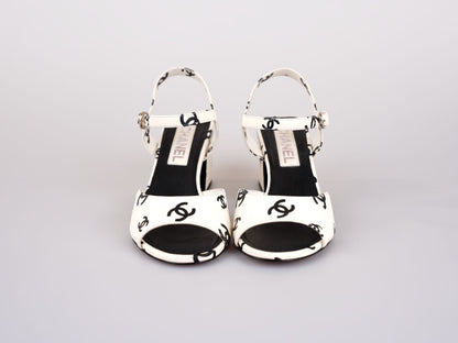 Chanel Printed Lambskin CC Platform Sandals White Black Size 37C