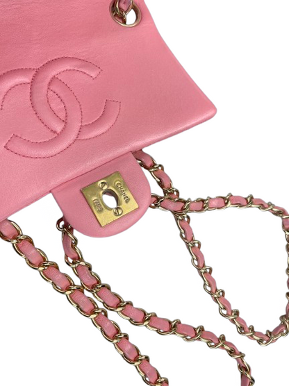 Chanel Vintage  Rose Pink Classic Mini Square Flap Bag in Lambskin  with Gold Hardware