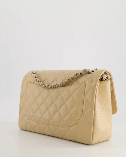 Chanel timeless Flap Bag Beige Jumbo size Caviar Leather with Silver Hardware