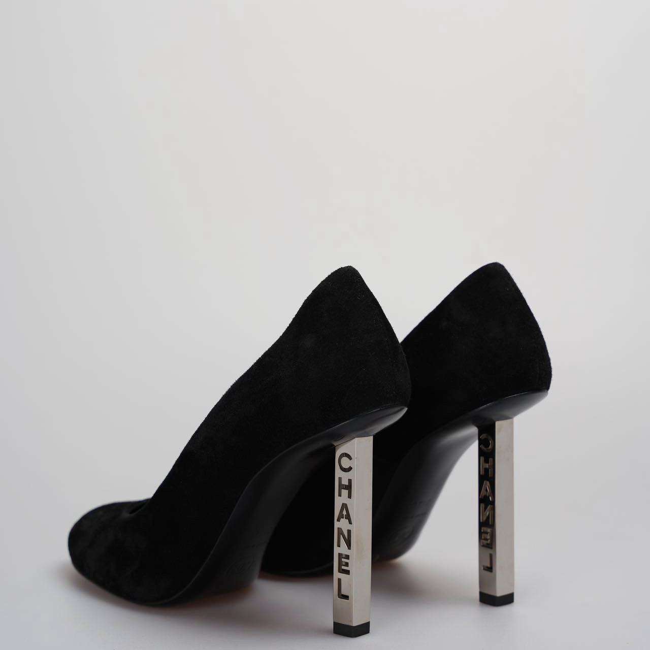 Chanel Black Suede Stilettos with Chanel Logo Engraved on Heel 36.5C