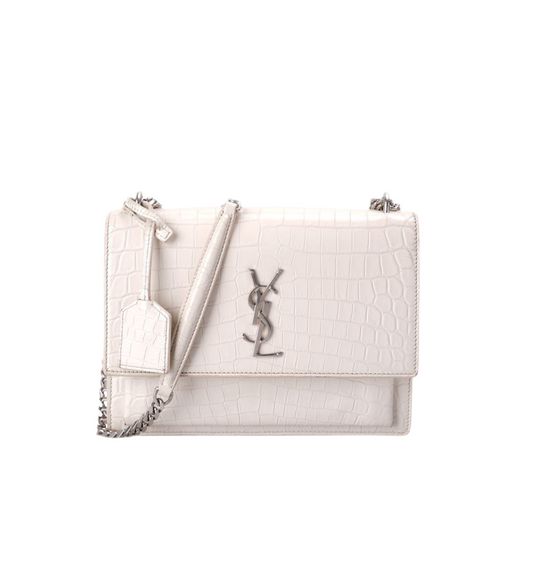 Saint Laurent YSL Sunset Medium Crocodile Embossed Leather Bag in Ivory