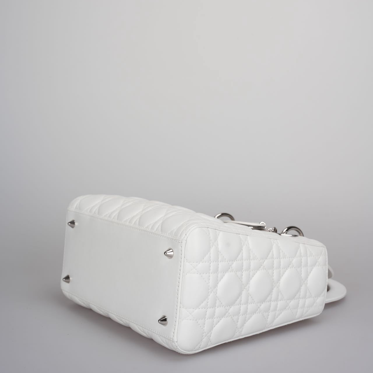 Christian Dior White Medium Lady Dior Bag in Cannage Lambskin Leather with Silver Hardware