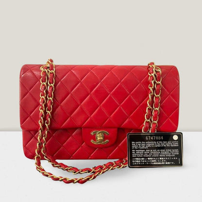 Chanel Red Vintage Classic Double Flap Bag Medium in Lambskin Leather 24K Gold Hardware