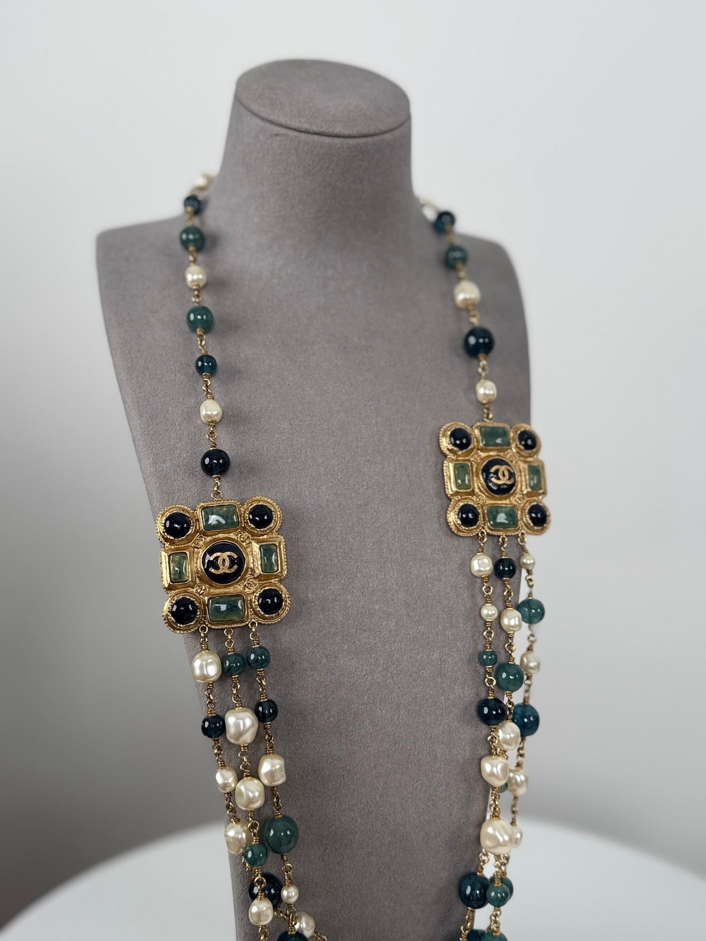 Chanel Blue and White Multi-Beads with Two Gold Cabochons Necklace from 2011 collection