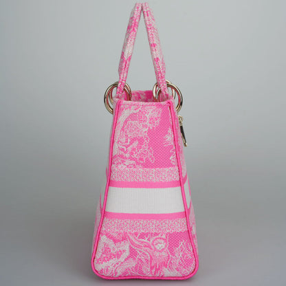 Christian Dior Canvas Toile De Jouy Reverse Embroidered Medium Lady D-Lite in Fluorescent Pink