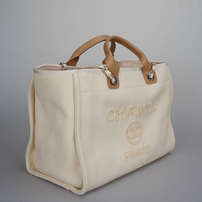 Chanel Deauville Pearl Tote Beige white medium