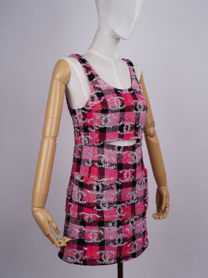 Chanel Coco Beach Mini Dress Tweed Pink Black Size 38