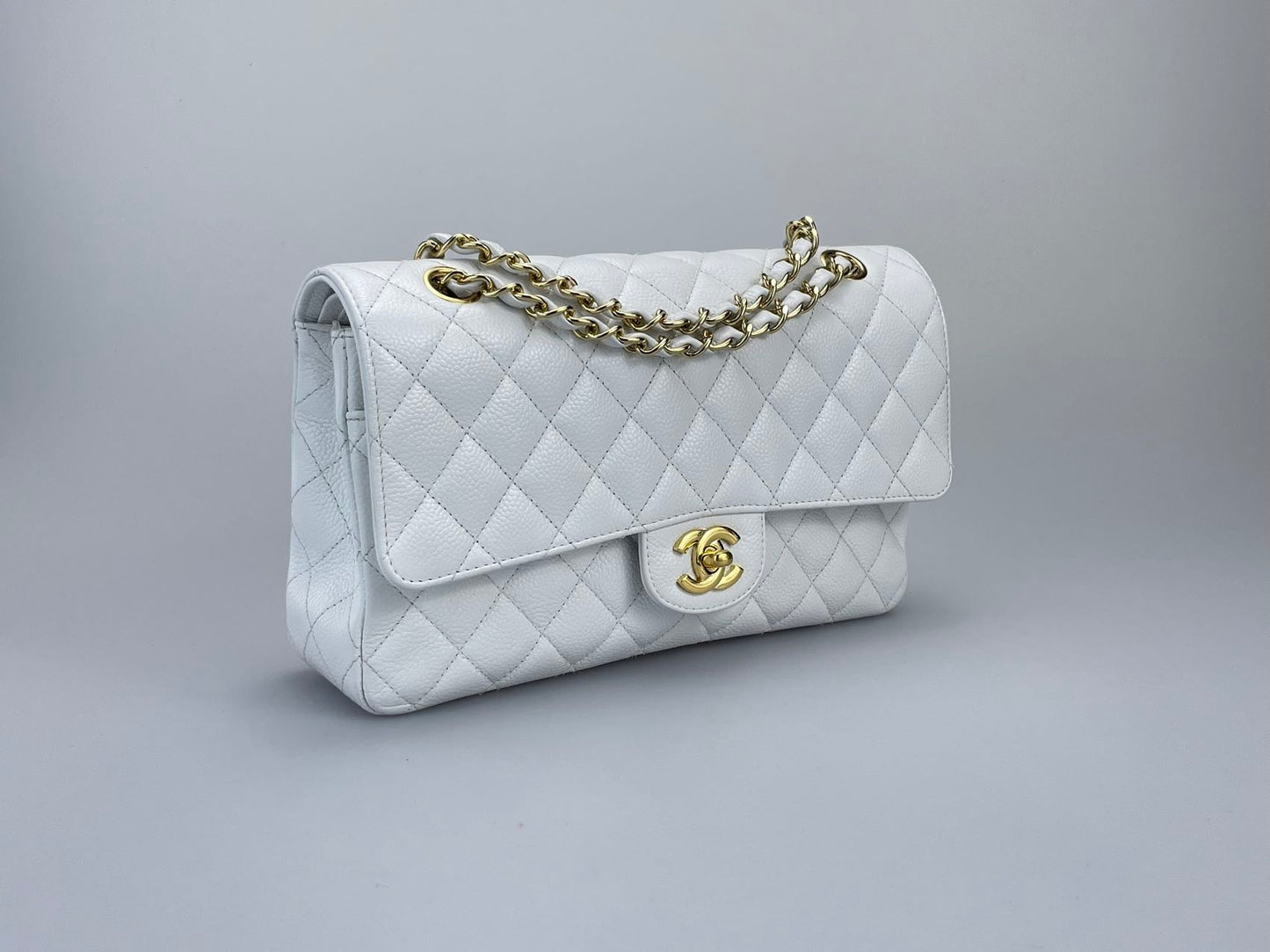 Chanel Medium White Classic Flap Bag in Caviar Leather with Gold Hardware