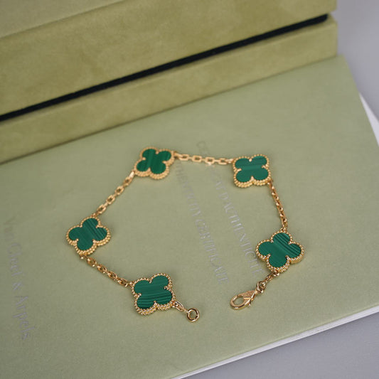 Van Cleef & Arpels 18k Yellow Gold Malachite 5 Motifs Vintage Alhambra Bracelet 2021