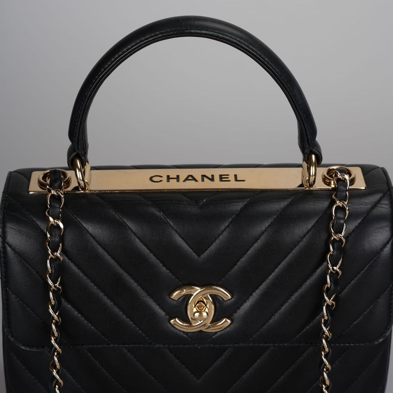 Chanel Lambskin Chevron Medium Trendy CC Top Handle Flap Bag in Black