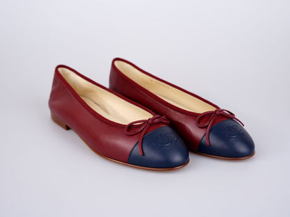 Chanel Burgundy Leather CC Bow Cap Toe Ballet Flats Size 38.5