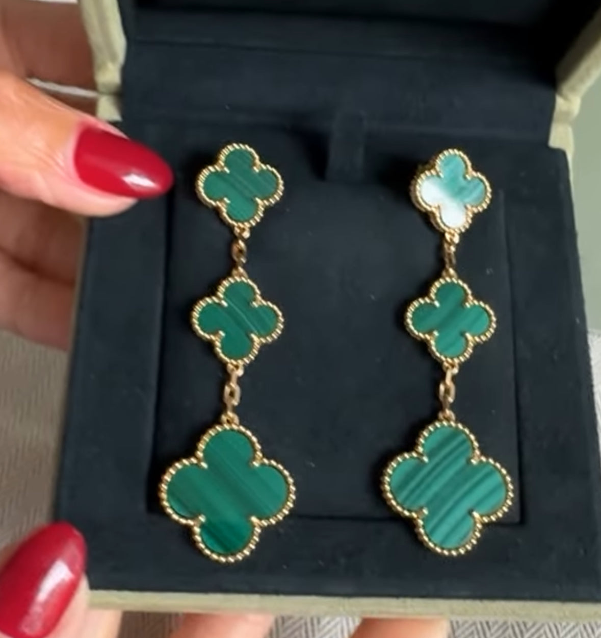 Van Cleef & Arpels Alhambra 3 Motif Earrings in 18K Gold and Malachite