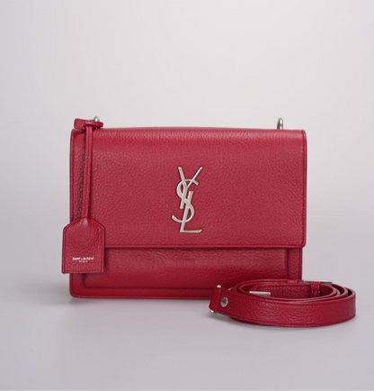 Saint Laurent Grained Calfskin Medium Monogram Sunset Bag in  Satchel Red