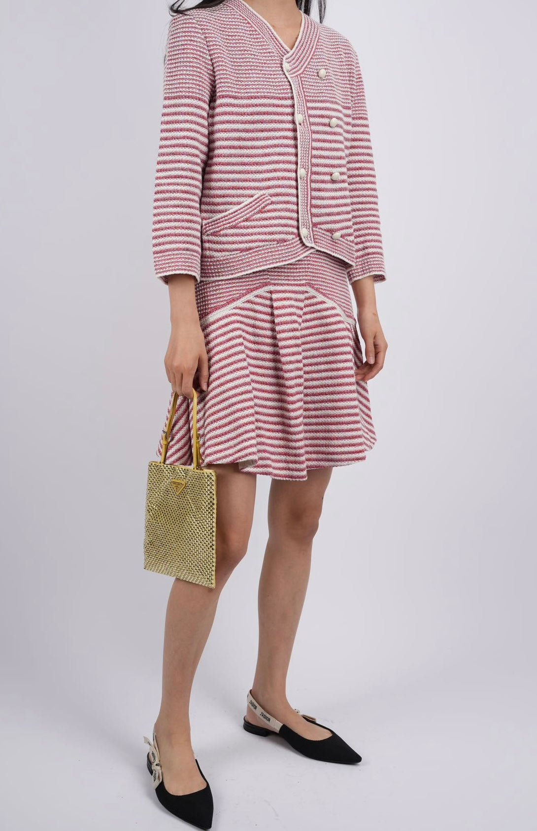 Chanel Pink White Striped Knit Jacket and Mini Skirt Suit