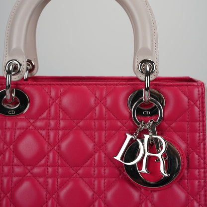 Christian Dior Lady Dior Bag Cannage Medium Hand Bag Lamb Skin Red White