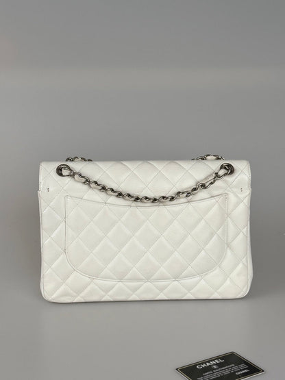 Chanel White Jumbo classic Double Flap Bag In Caviar Leather with silber Hardware