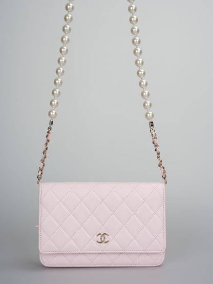 Chanel baby Pink Quilted Lambskin Pearl Wallet On Chain Bag