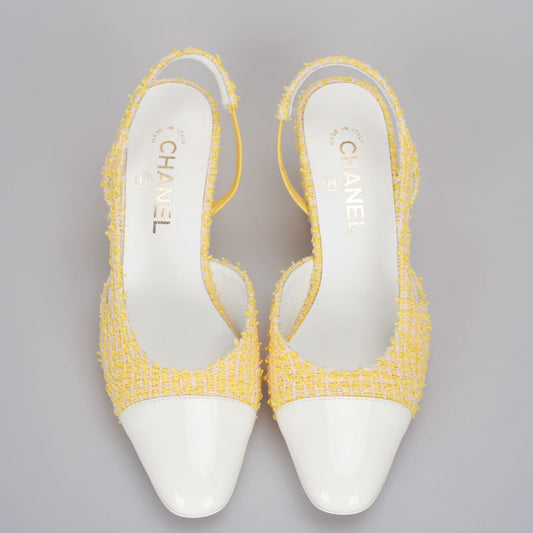 Chanel tweed slingback 39 light yellow pumps with CC logo