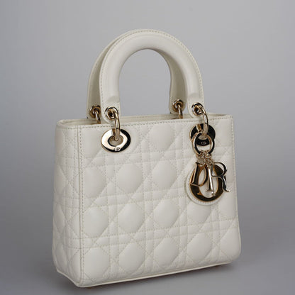 Christian Dior Small Lady Dior Bag in White Cannage Lambskin Leather with Gold Hardware