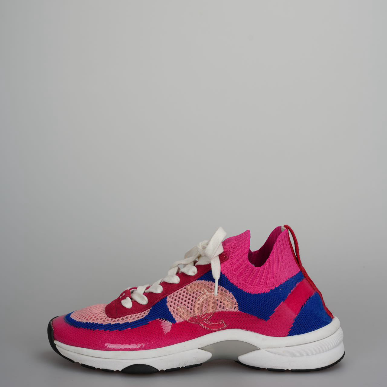 Chanel Fabric Suede Calfskin Stretch CC Sneakers Pink, Red and Blue Size 39