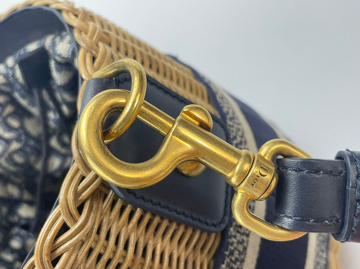 Dior Dioriviera Bucket Bag in Wicker and Blue Canvas With Gold Hardware