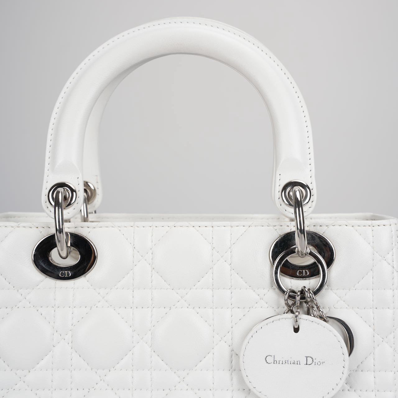 Christian Dior White Medium Lady Dior Bag in Cannage Lambskin Leather with Silver Hardware