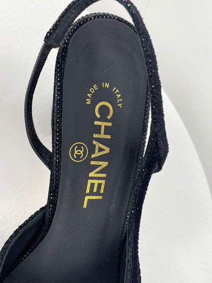 Chanel tweed black gold slingback pumps with CC logo 36