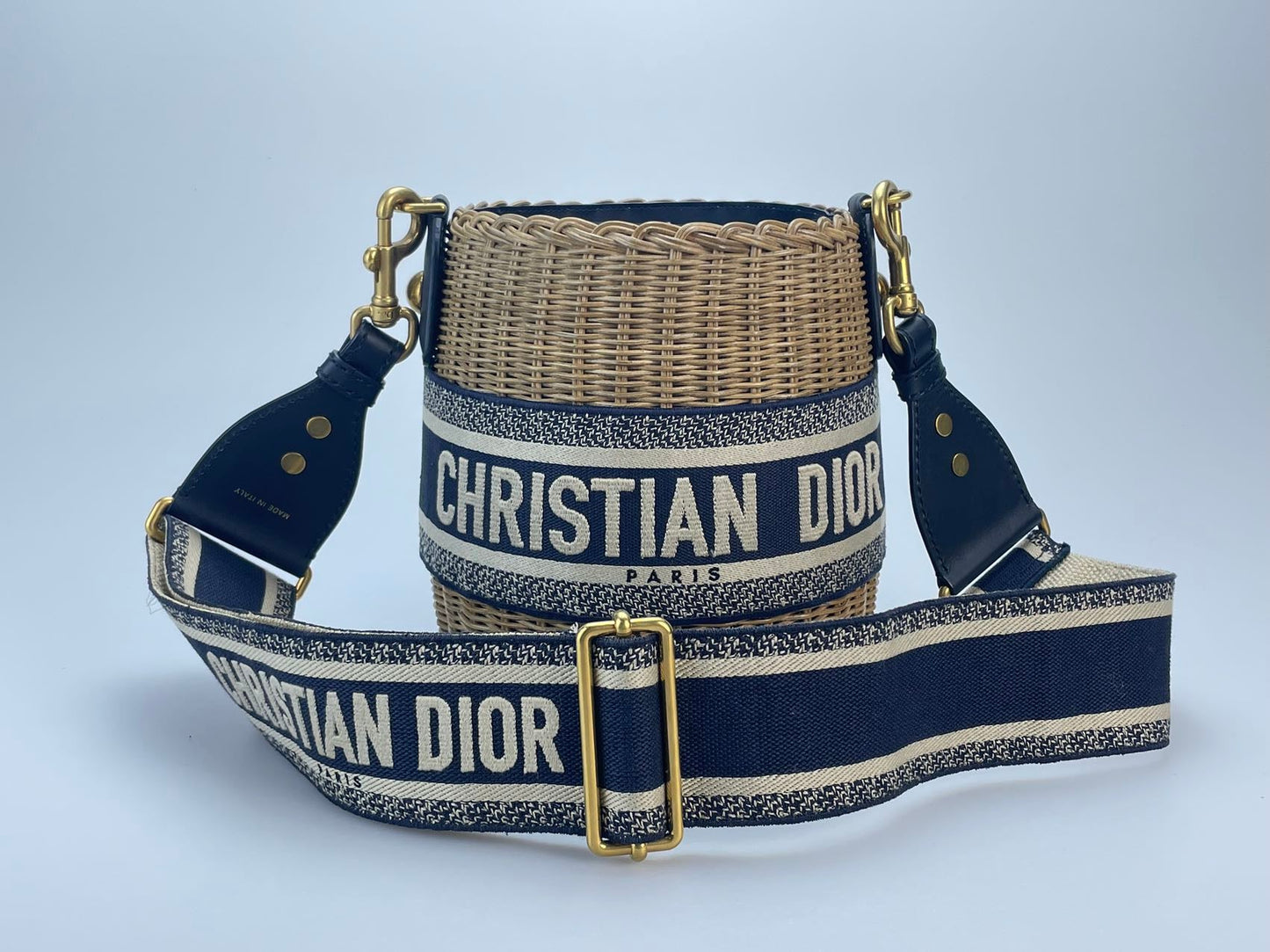 Dior Dioriviera Bucket Bag in Wicker and Blue Canvas With Gold Hardware