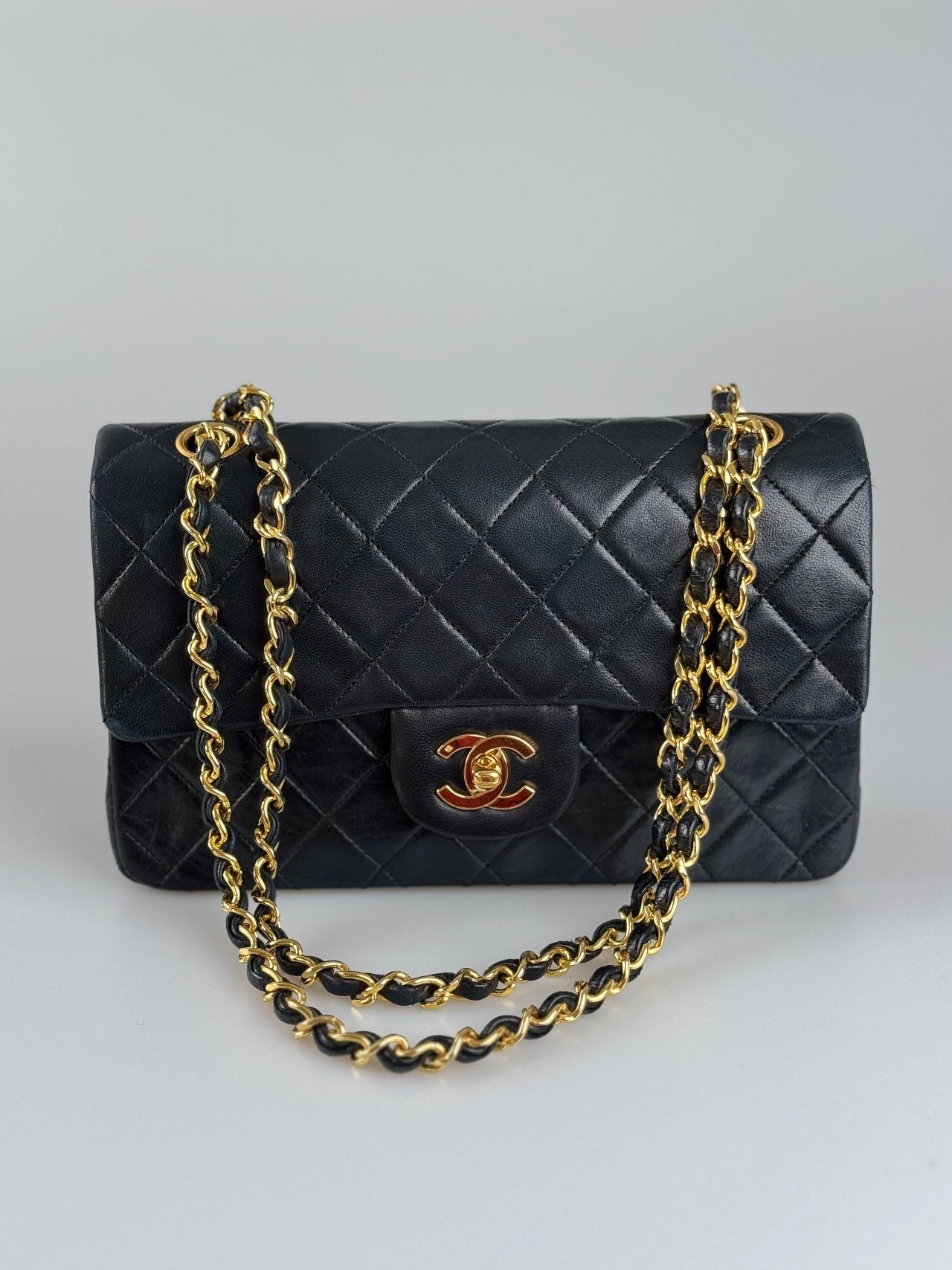 Chanel vintage timeless flap bag small black golden