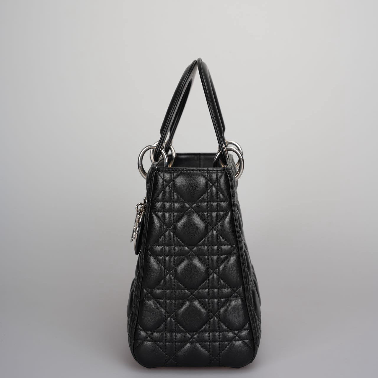 Christian Dior Black Medium Lady Dior Bag in Cannage Lambskin Leather with Silver Hardware